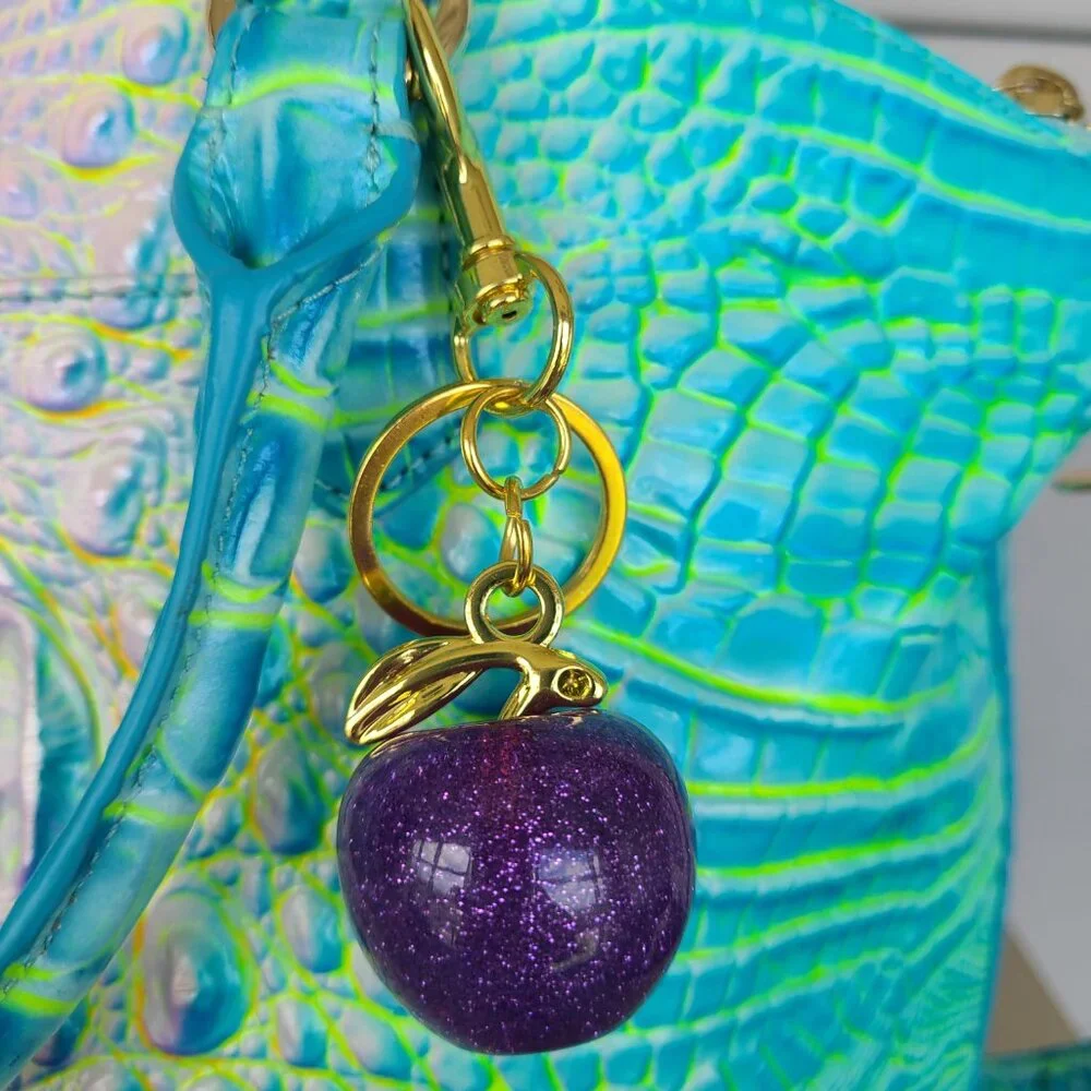 Purple Apple Purse Charm and Key Ring Sparkly Gold or Silver Toned Hardware